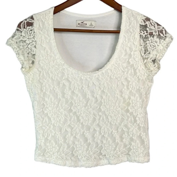 HOLLISTER Lace Overlay Crop T-Shirt Ivory White L - Picture 10 of 10
